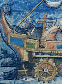 Detail of image from De rebus bellicis showing fanciful ox-powered wheel boat. Please click to view entire image.